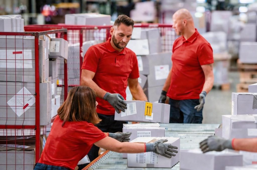 Logistics warehouse team handling parcel operations